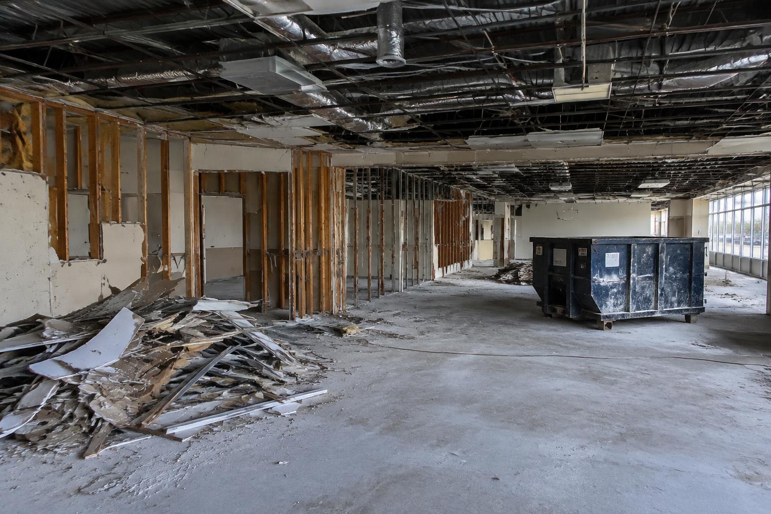 Illustrative commercial interior stripped to studs during demolition with a dumpster