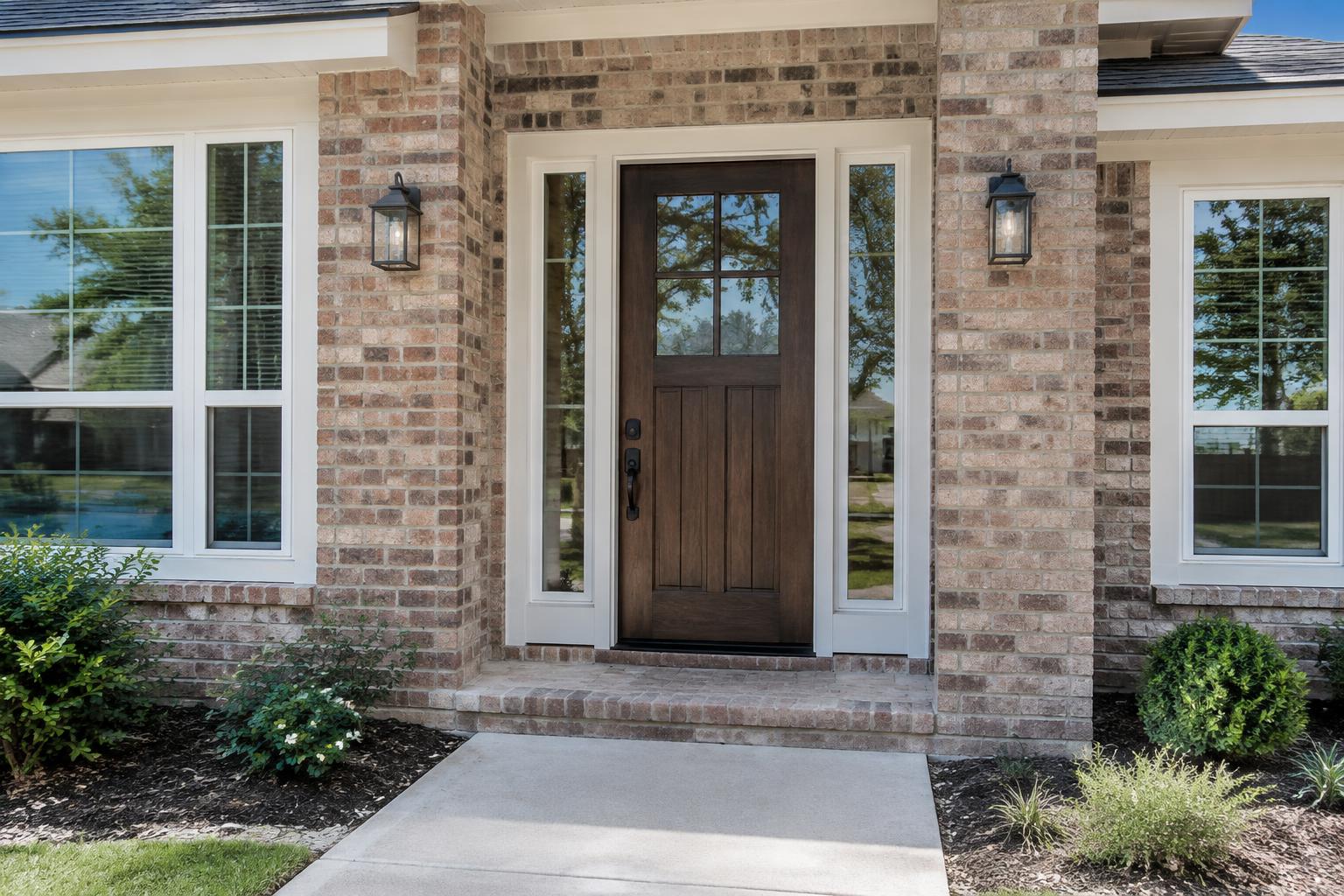 Illustrative new wood front door with sidelights and white windows on a brick home