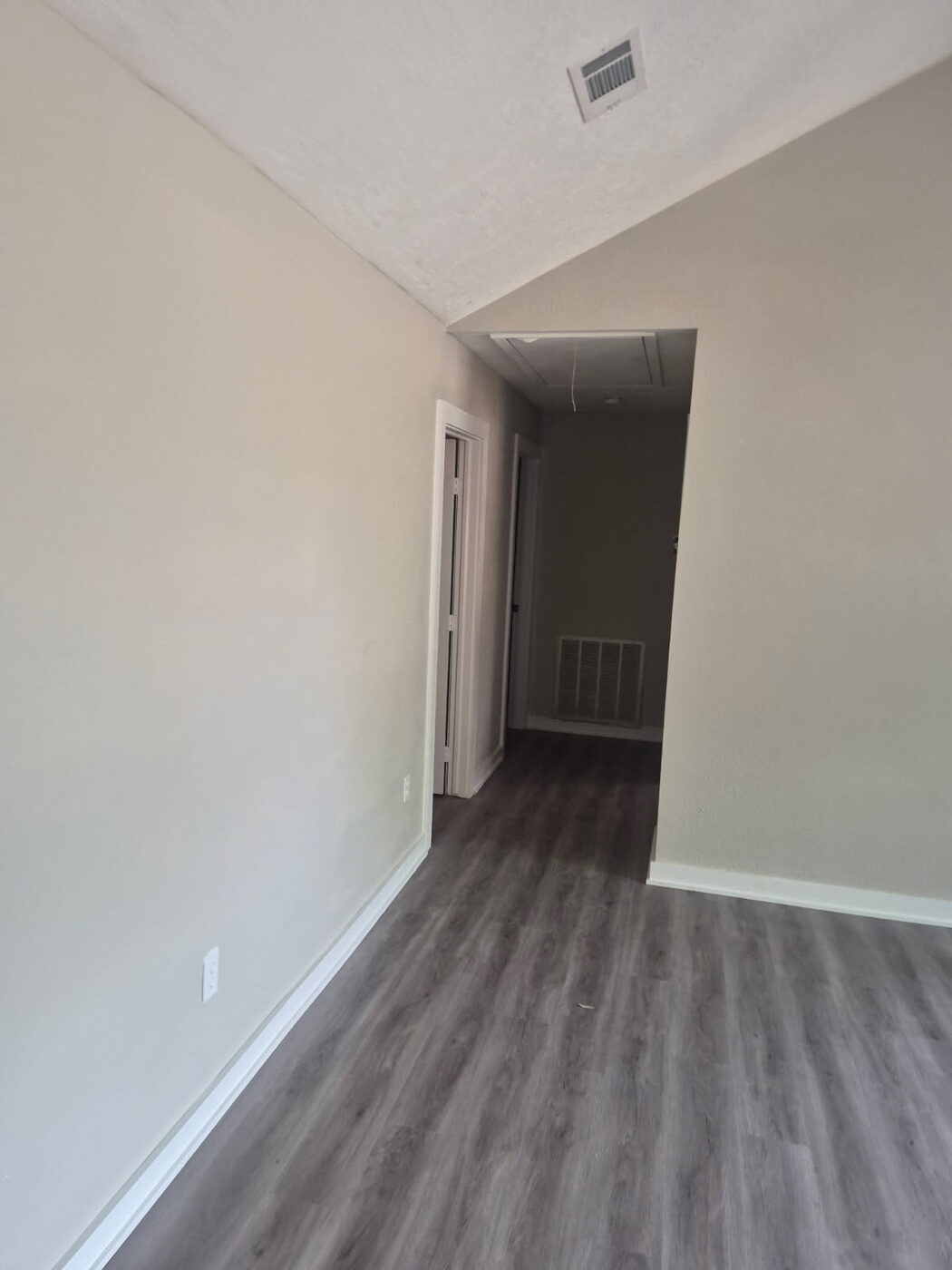 Hallway with new gray plank flooring and fresh paint