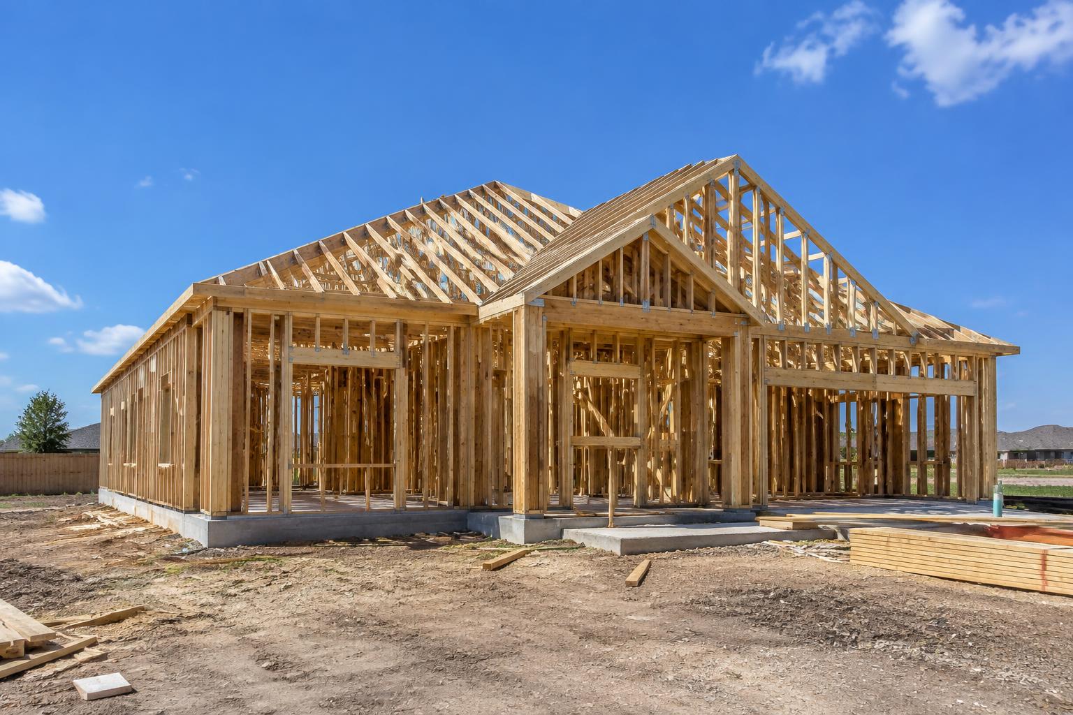 Illustrative wood-framed new home under construction