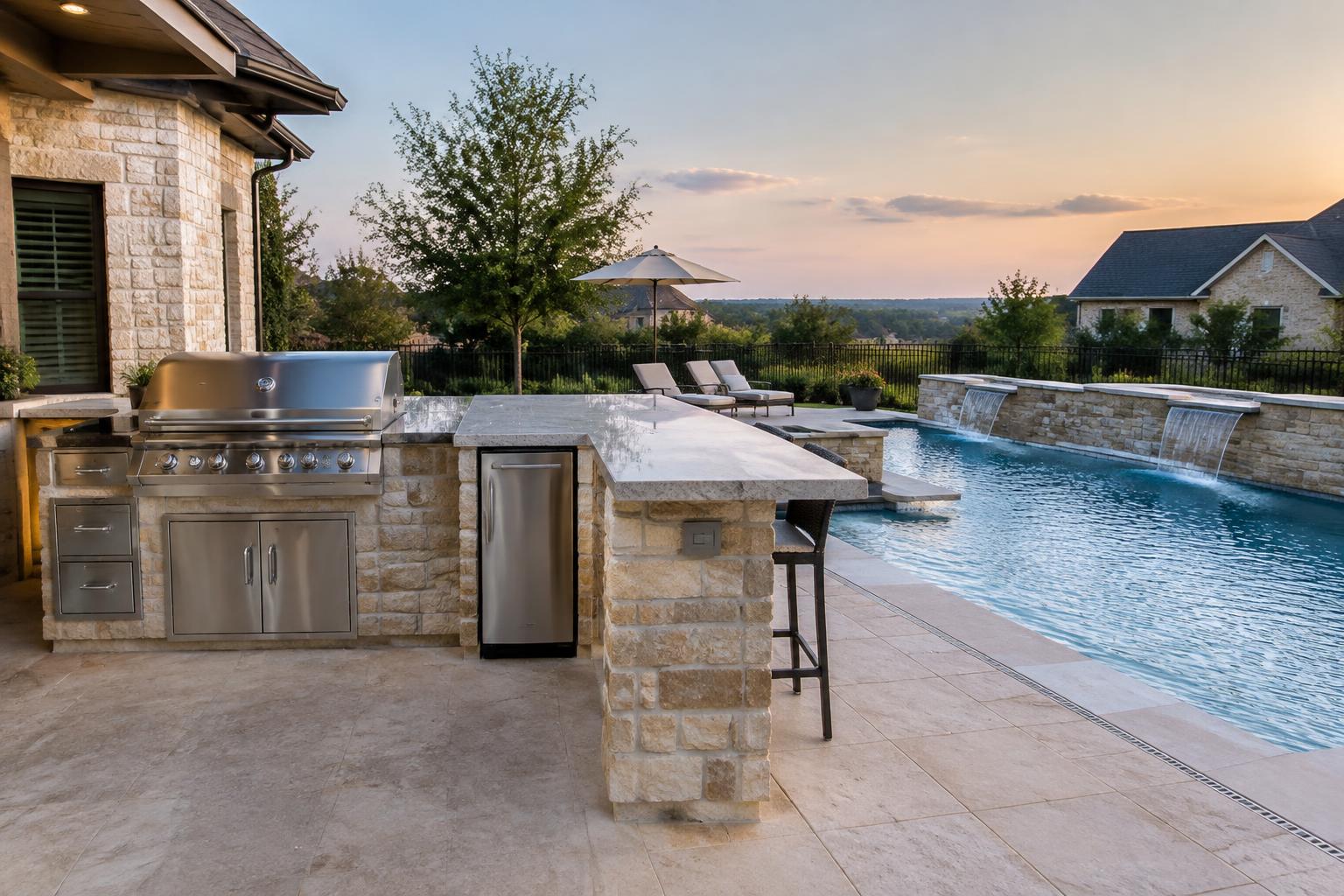Illustrative outdoor kitchen with stone counters and grill beside a pool