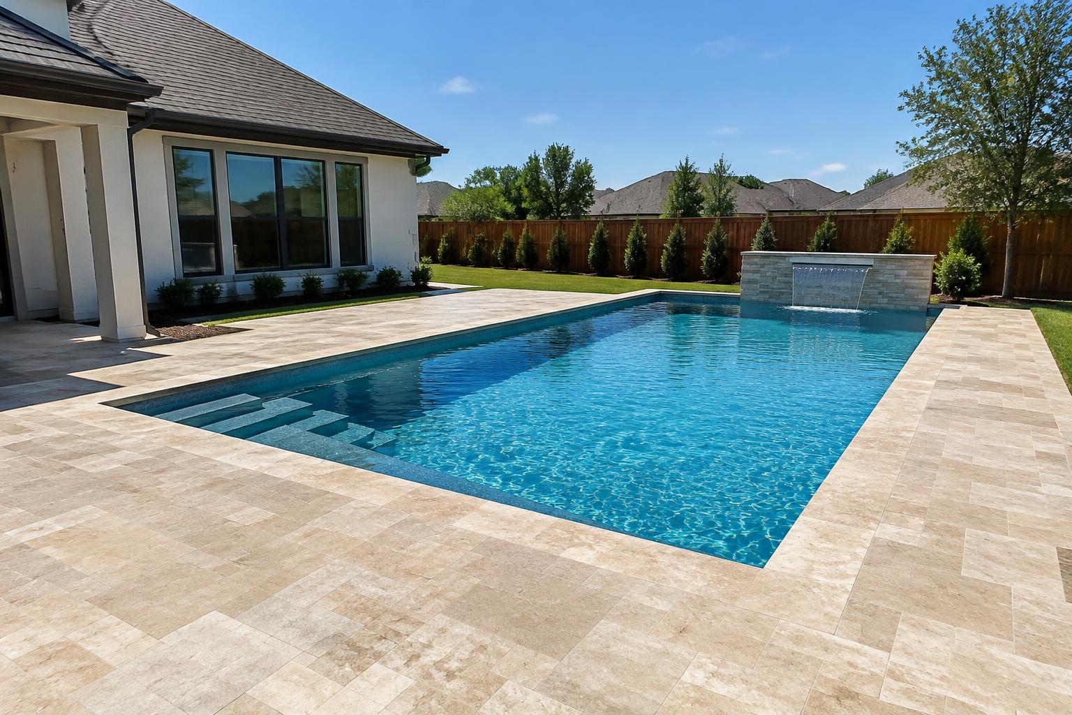 Illustrative stone paver pool deck around a backyard swimming pool
