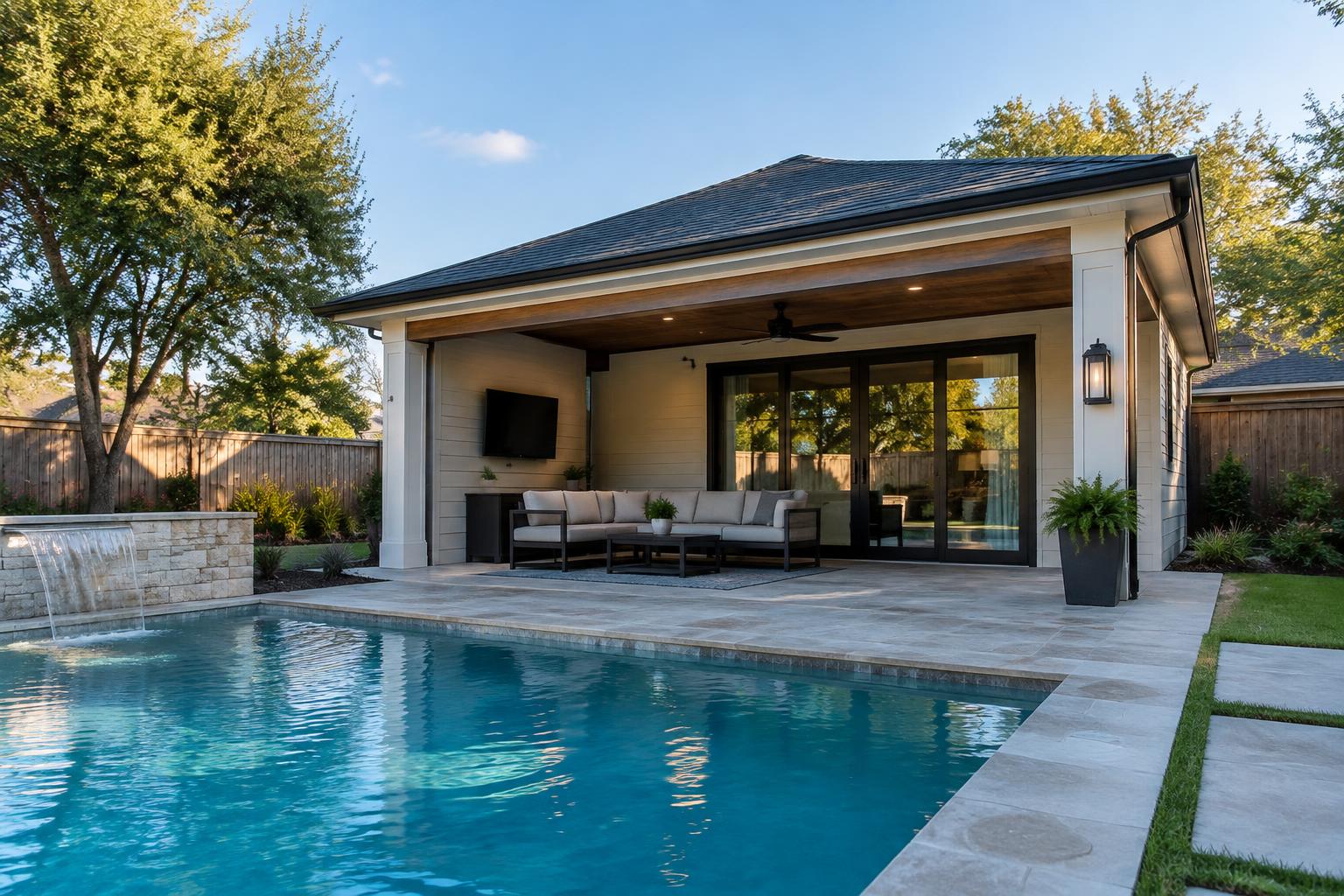 Illustrative pool house with covered patio next to a backyard pool