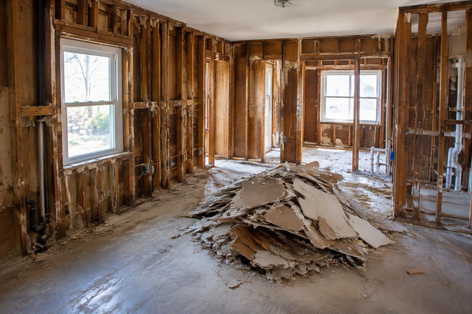 Illustrative house interior gutted to the studs with drywall debris