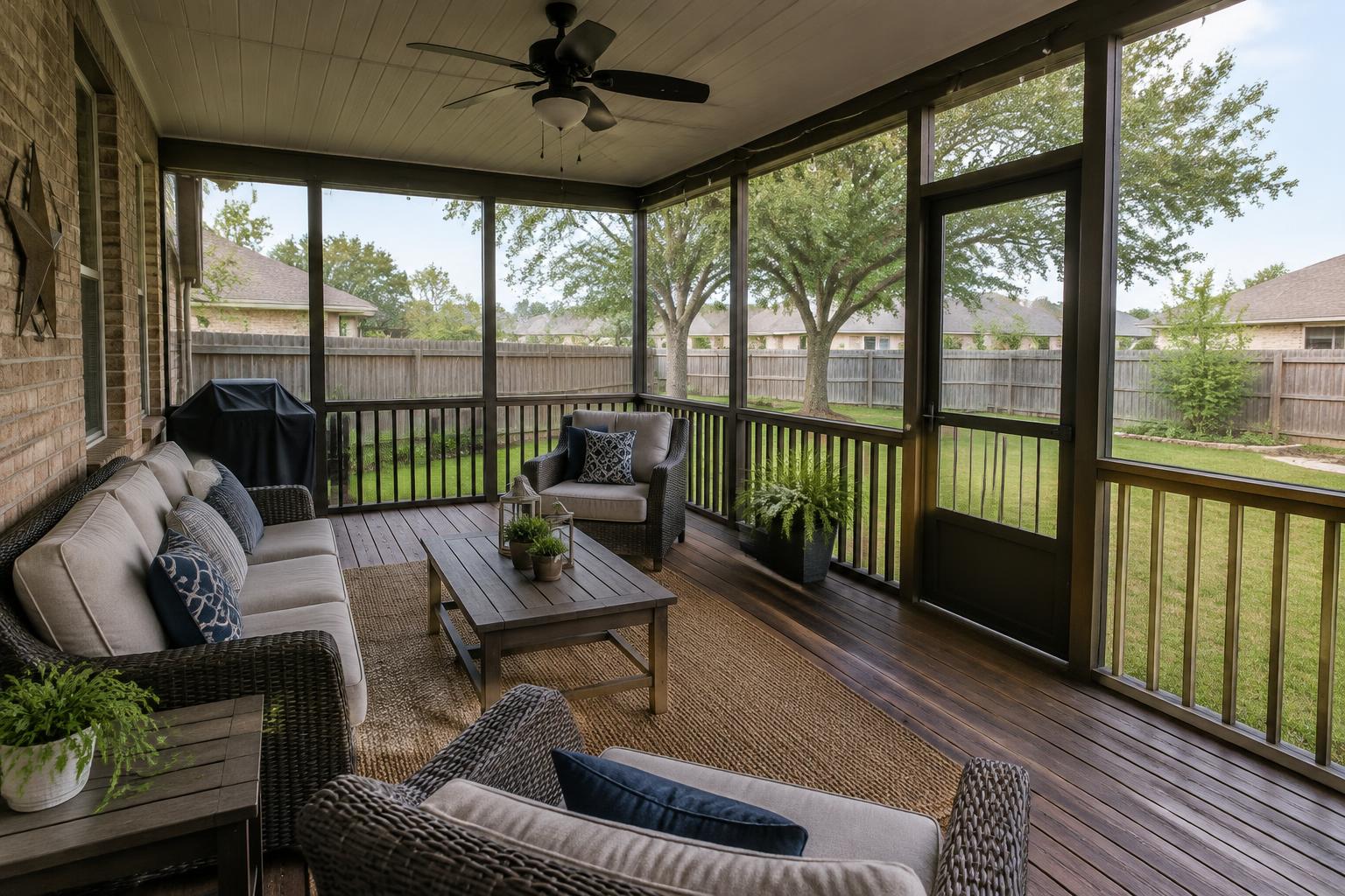 Illustrative screened-in back porch with ceiling fan and outdoor seating