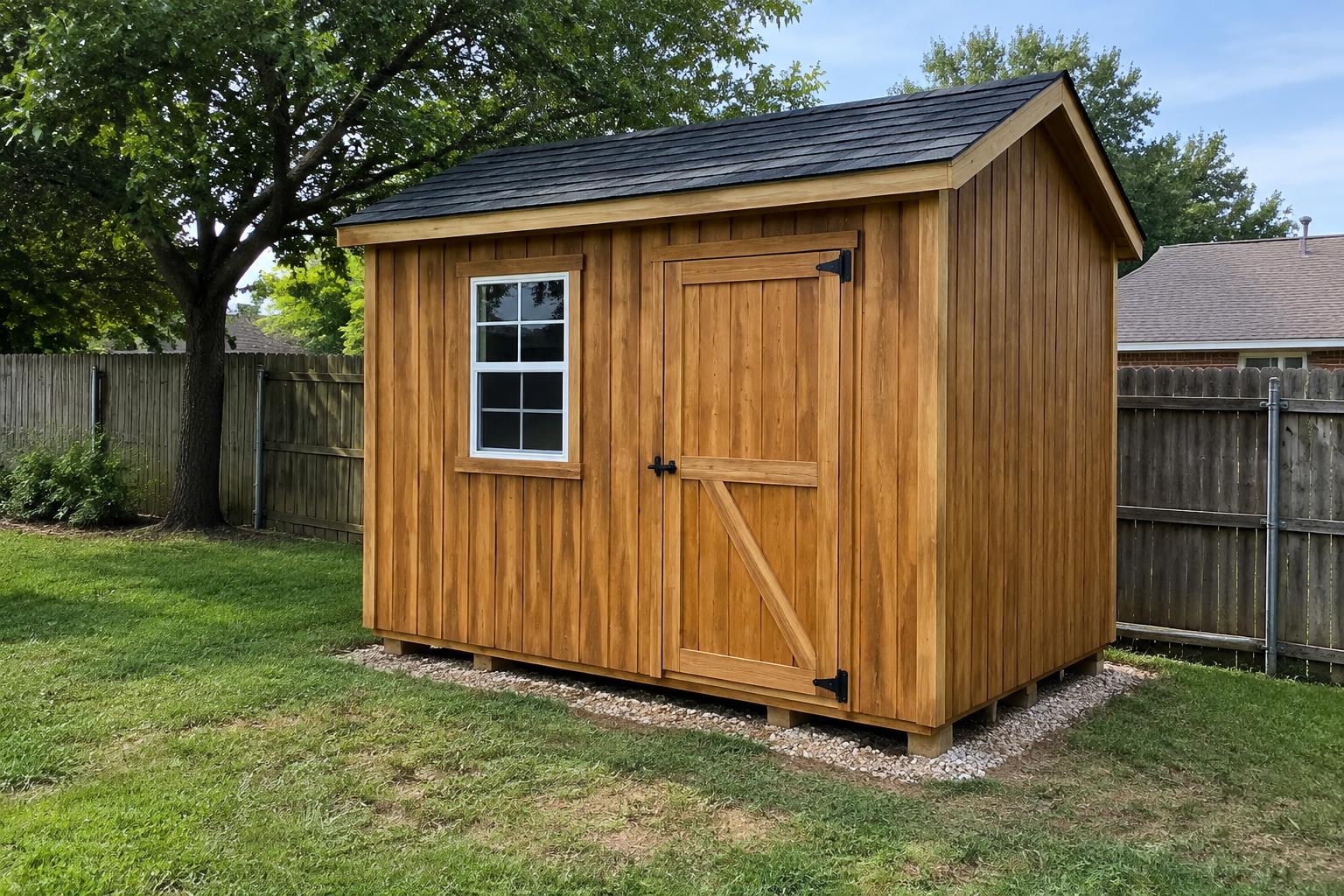Illustrative small wooden storage shed with door and window in a backyard