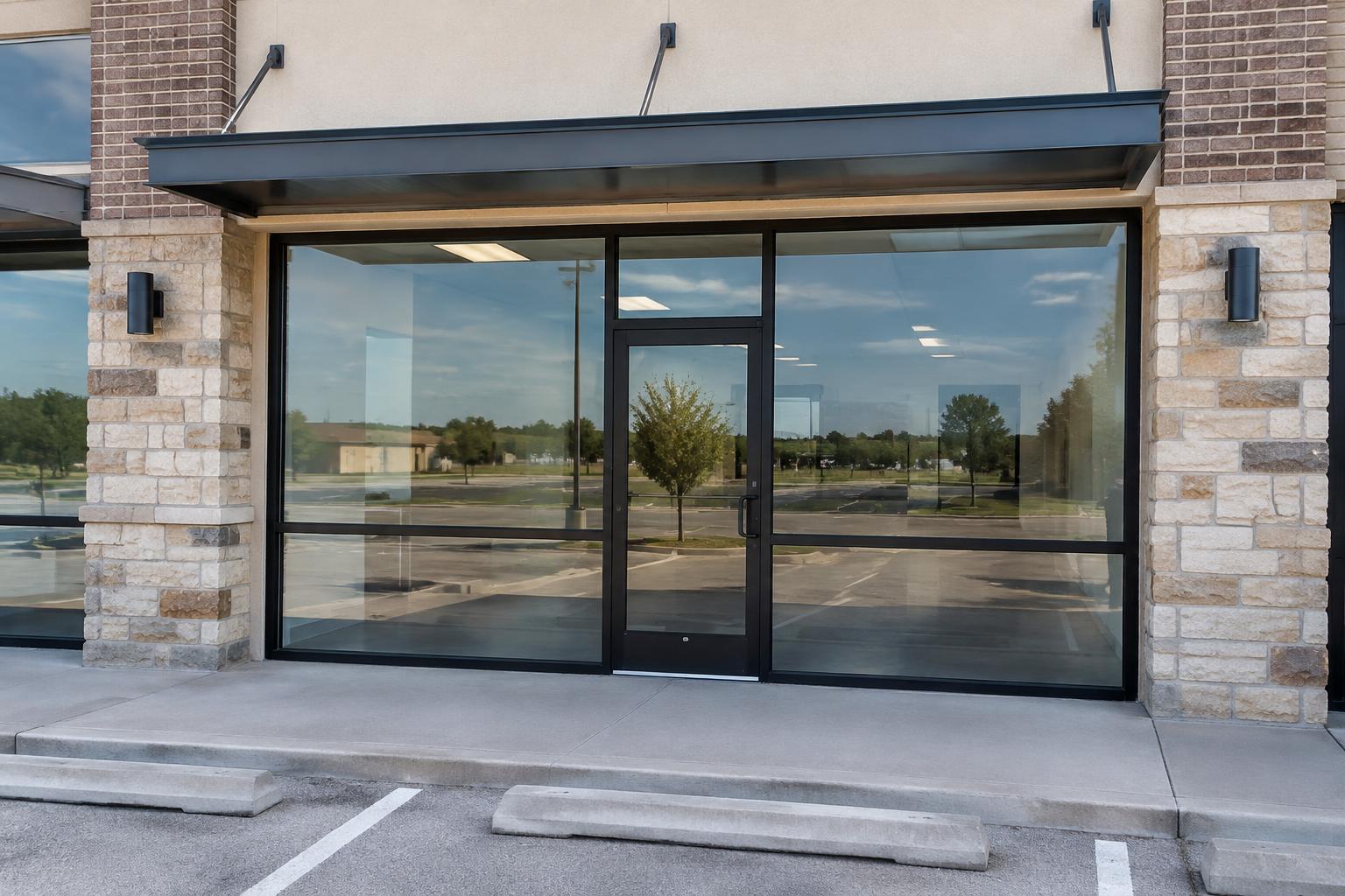 Illustrative commercial storefront with large glass windows and entry door