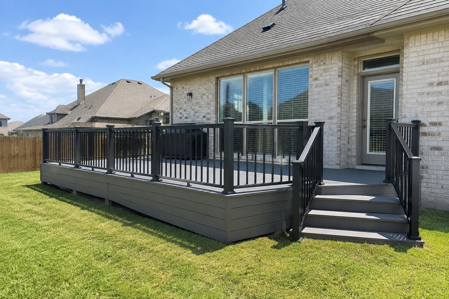 Illustrative gray composite deck with black railings behind a brick home