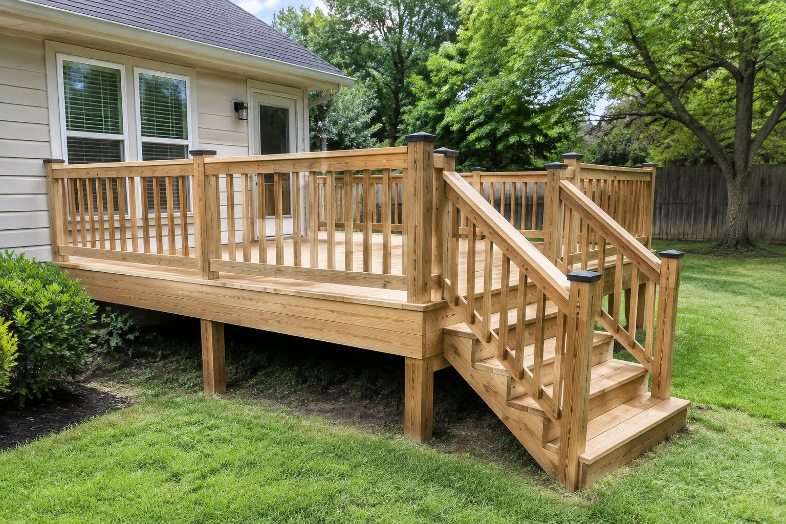 Illustrative new natural wood deck with railings and stairs in a green backyard